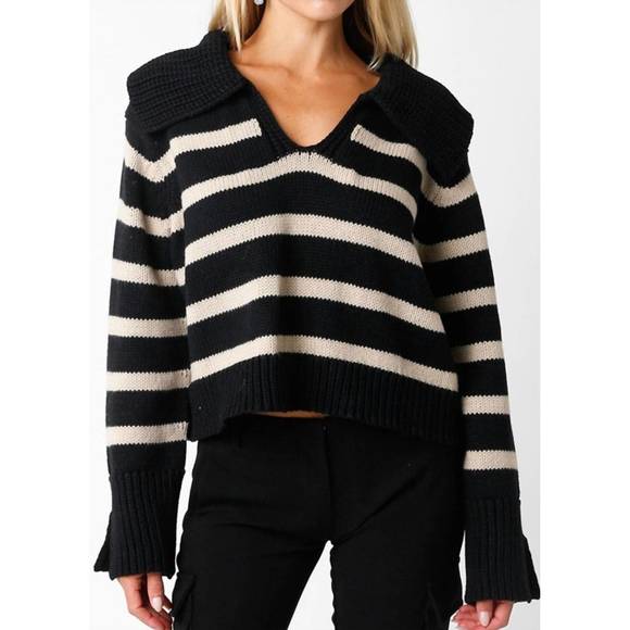 NEW OLIVACEOUS drama collar stripe sweater in black - Picture 1 of 3